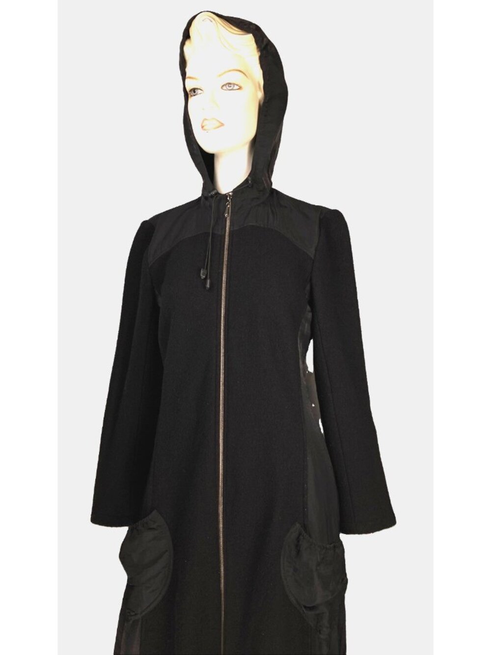 Y2K M Astuces Paris Bubble Boucle Rain Coat Lagenlook Hood Zip Black